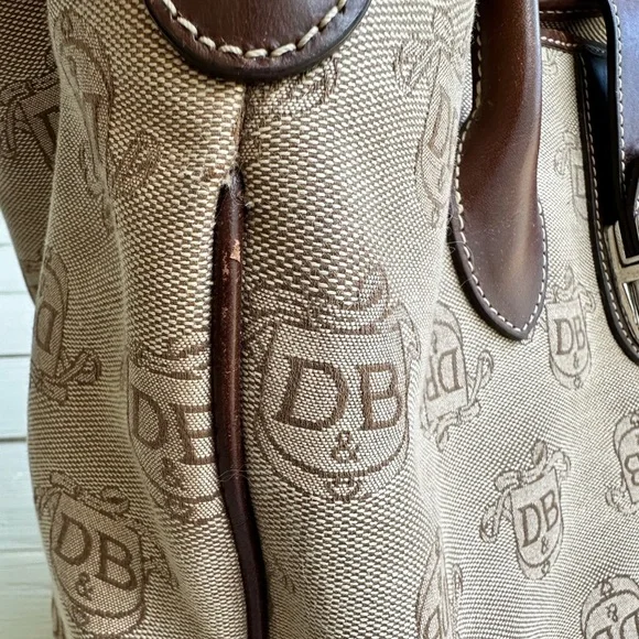 Dooney & Bourke DB Logo Double Handle Tote Brown Fabric Leather Accents